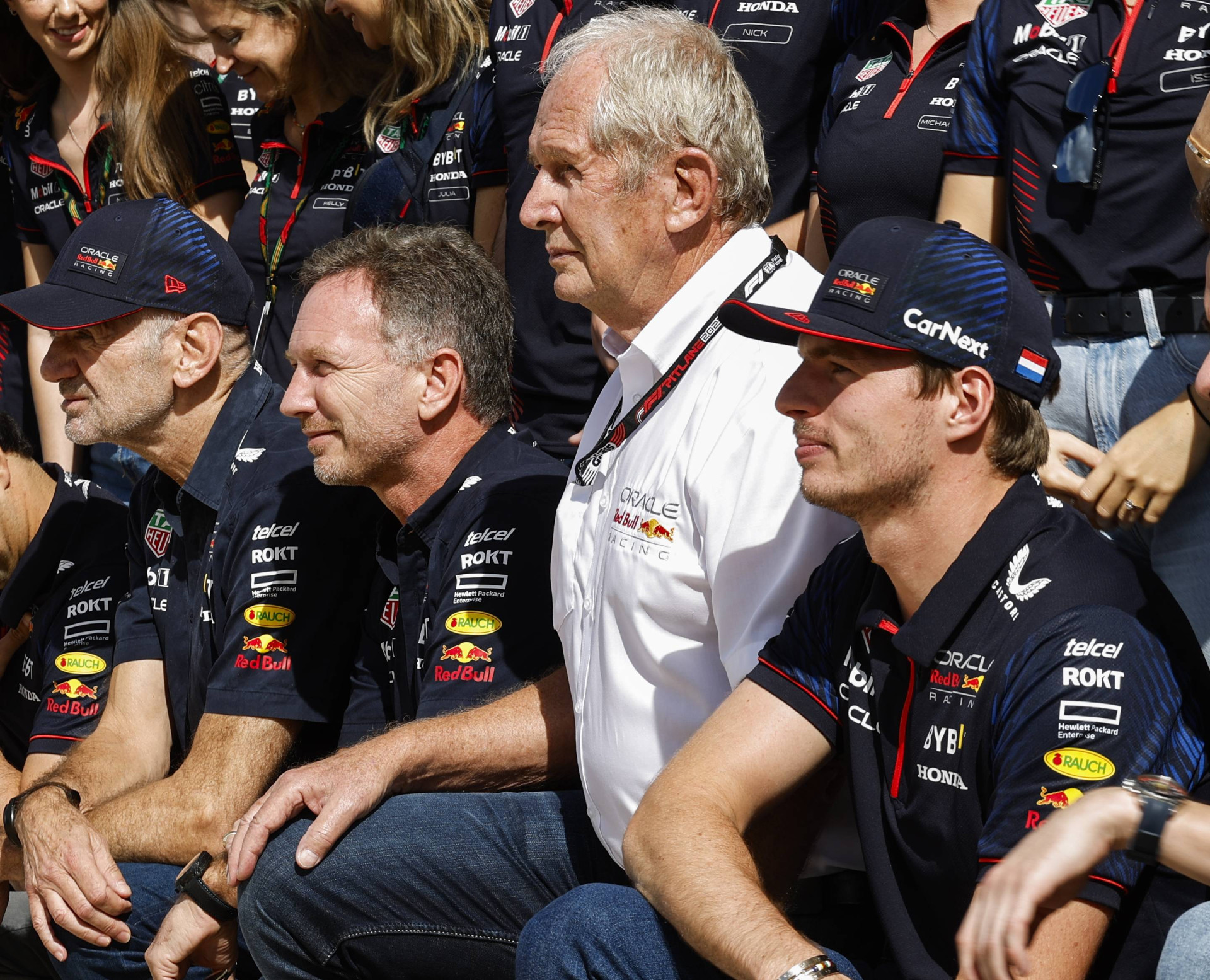 Едріан Ньюї, Крістіан Хорнер, Хельмут Марко і Макс Ферстаппен у 2023 році