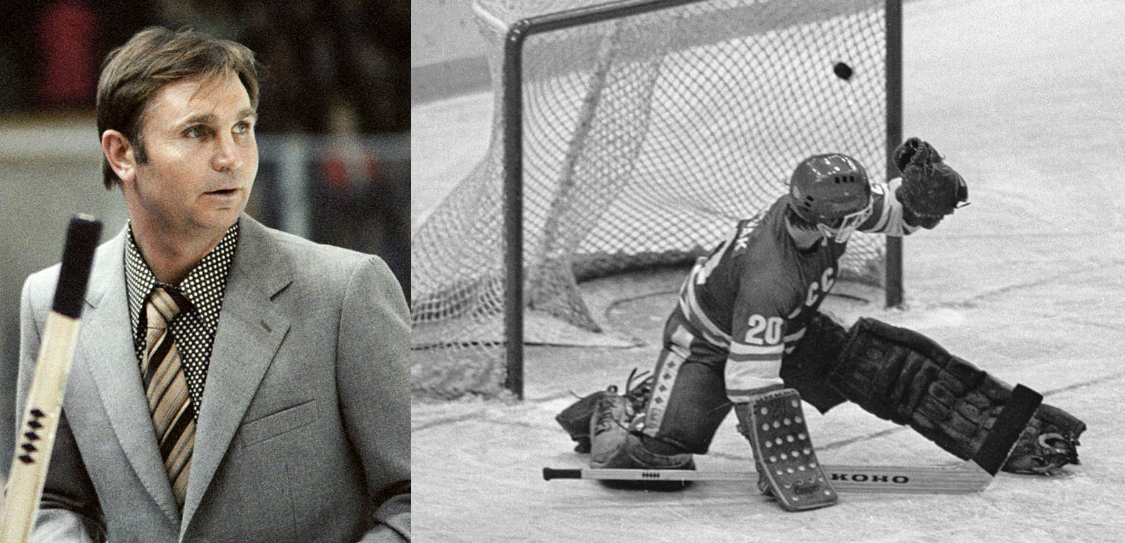 Тренер збірної СРСР Віктор ТИХОНОВ (ліворуч) засумнівався в одному з лідерів команди, воротареві Владиславі ТРЕТЯКУ (на фото той пропускає першу шайбу від США)