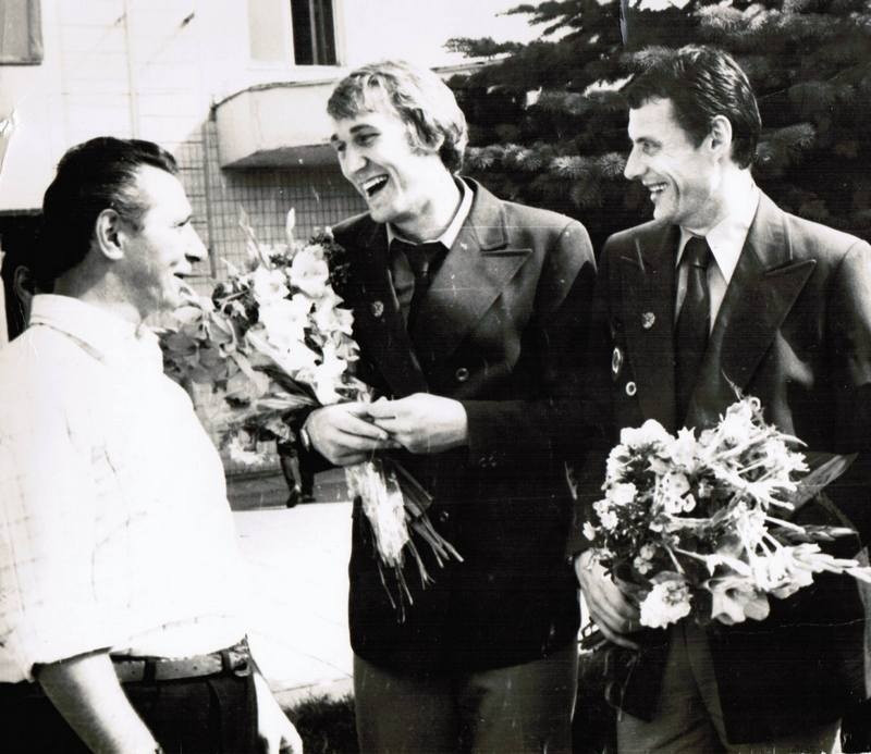 1976 рік. Семен Полонський (зліва) з олімпійськими чемпіонами Сергієм Кушнірюком та Олександром Резановим, 1976 рік