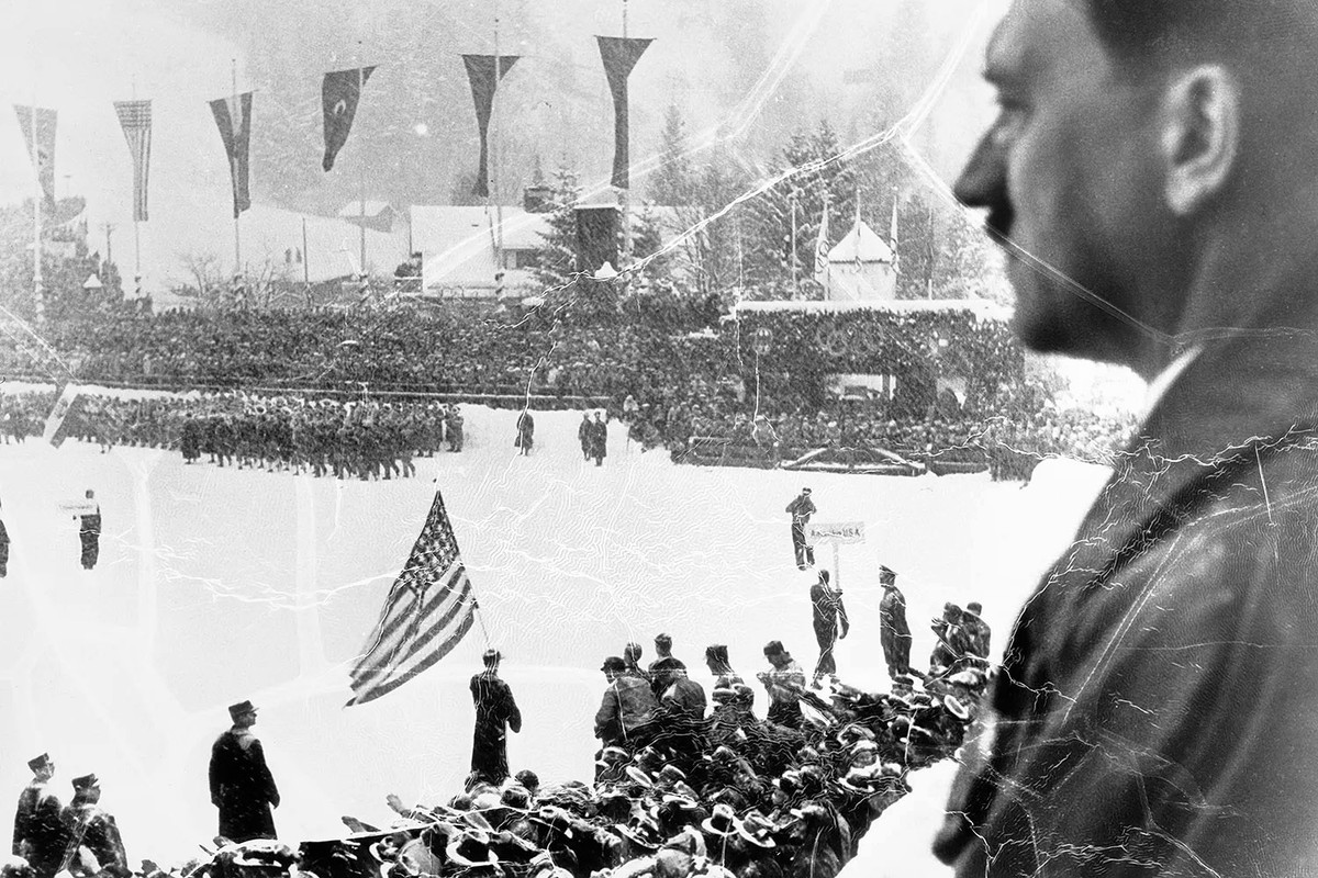 Гарміш-Пантеркірхен, 1936 рік. Парад відкриття Зимової Олімпіади. Повз центральну трибуну йде делегація США