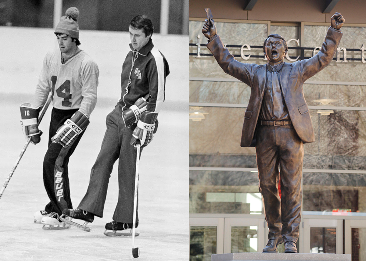 Наставник олімпійської збірної США Герб БРУКС (праворуч) із воротарем Джимом КРЕЙГОМ на тренуванні 21 лютого 1980 року. Згодом арену в Лейк-Плесіді назвуть на честь тренера-тріумфатора