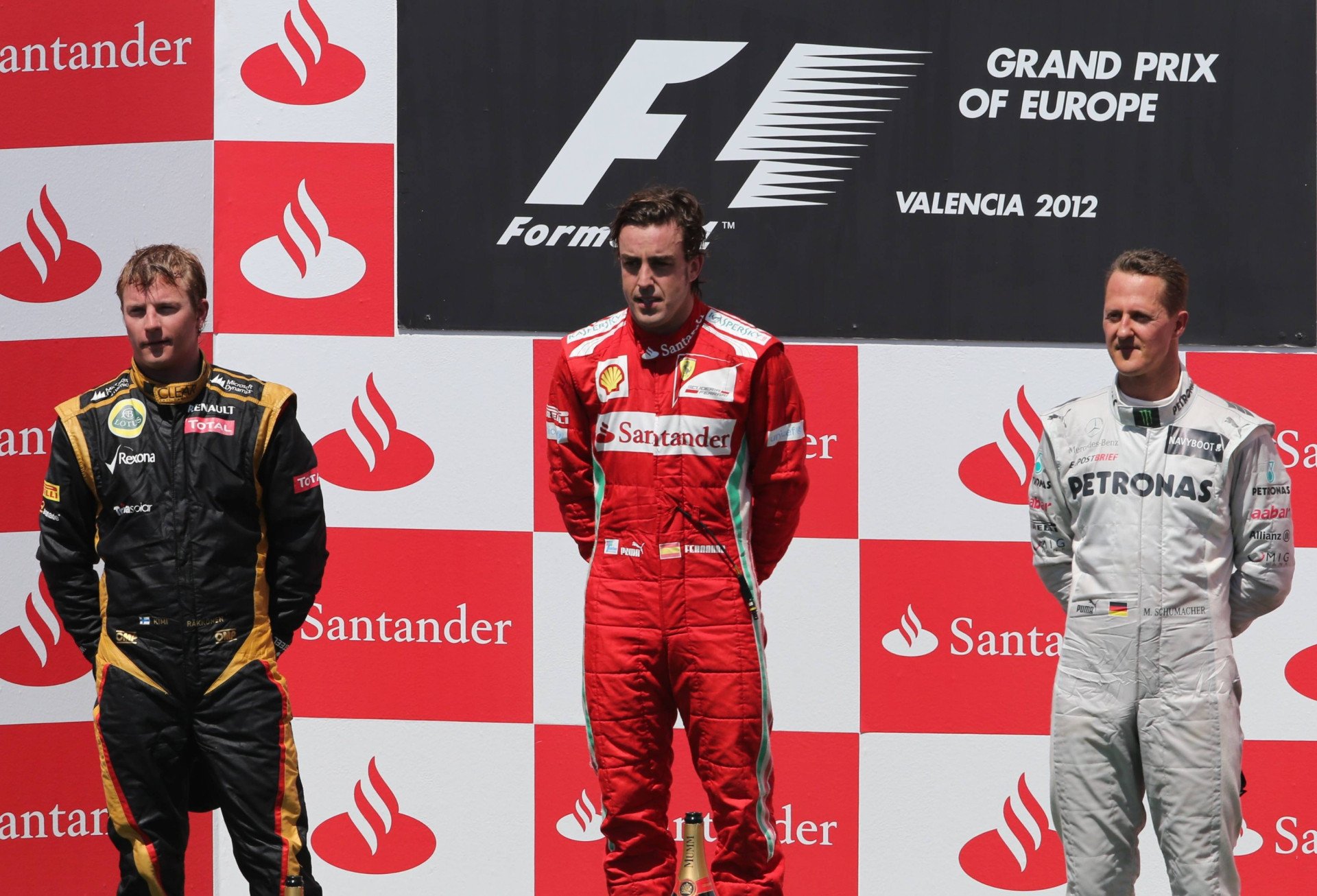 Grand Prix Priest 2012: Kimi Raykkonen (2nd place), Fernando Alonso (1st place) and Michael Schumacher (3rd place)