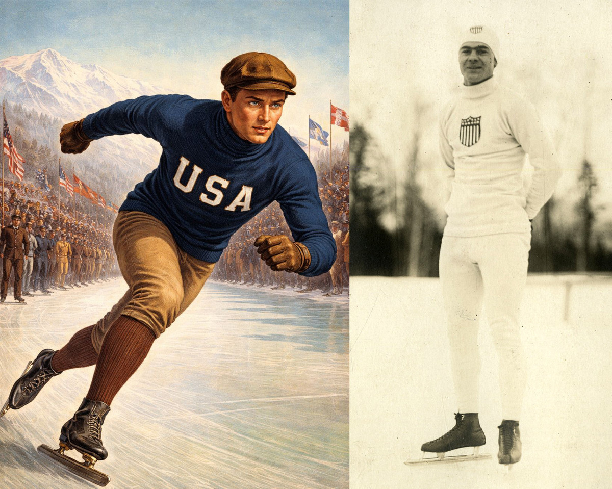 Ковзаняр Чарльз ДЖЕТРОУ (США), перший чемпіон зимової Олімпіади 1924 року в Шамоні (Франція).