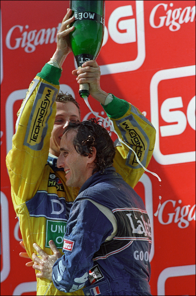 Михаэль Шумахер и Ален Прост на подиуме Гран-при Португалии 1993