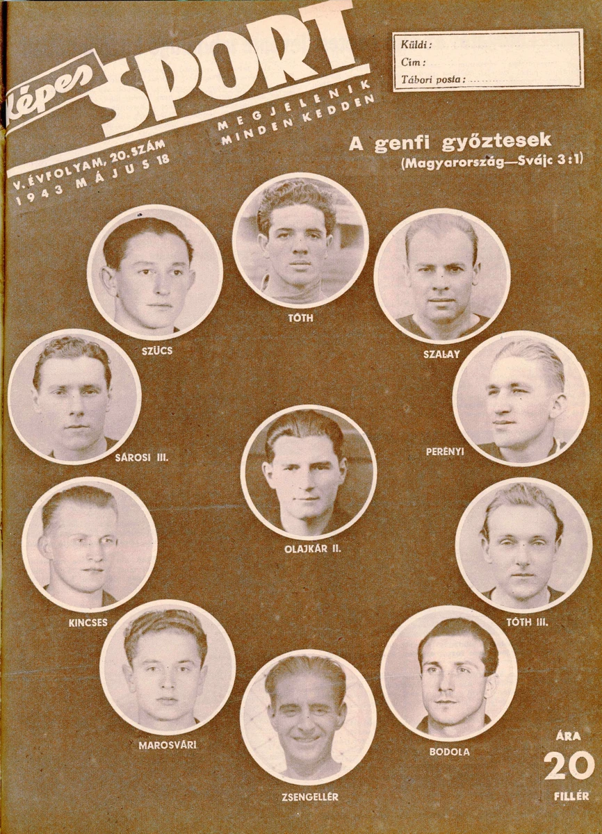 Склад збірної Угорщини у матчі проти Швейцарії в 1943 році, sportmuzeum.hu