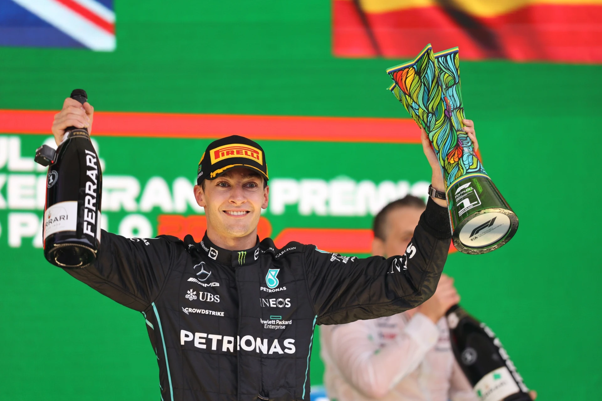 George Rassell Celebrates his first victory on the Grand Prix Brazil's podium 2022
