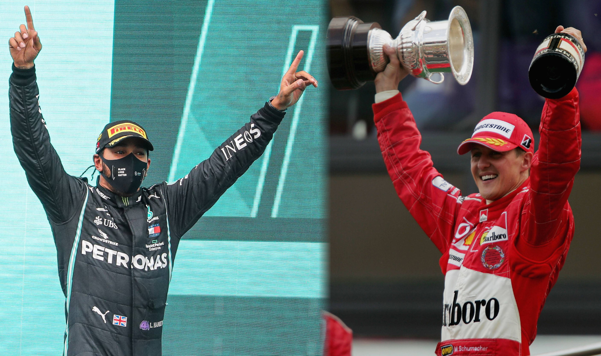 Льюїс Гамільтон і Міхаель Шумахер у моменти завоювання сьомих титулів